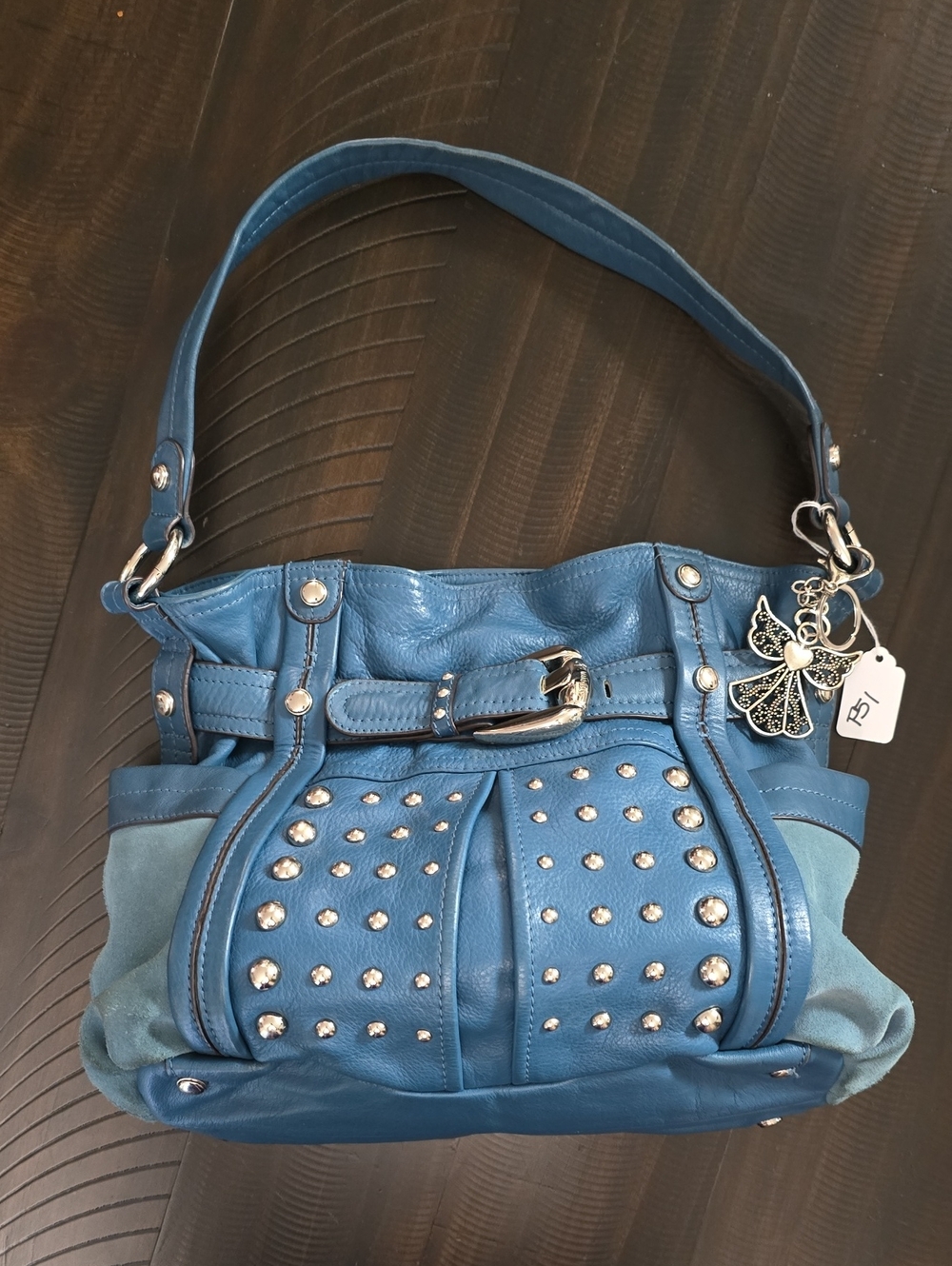 P51 b. makowsky Blue Studded Shoulder Bag with Angel Charm